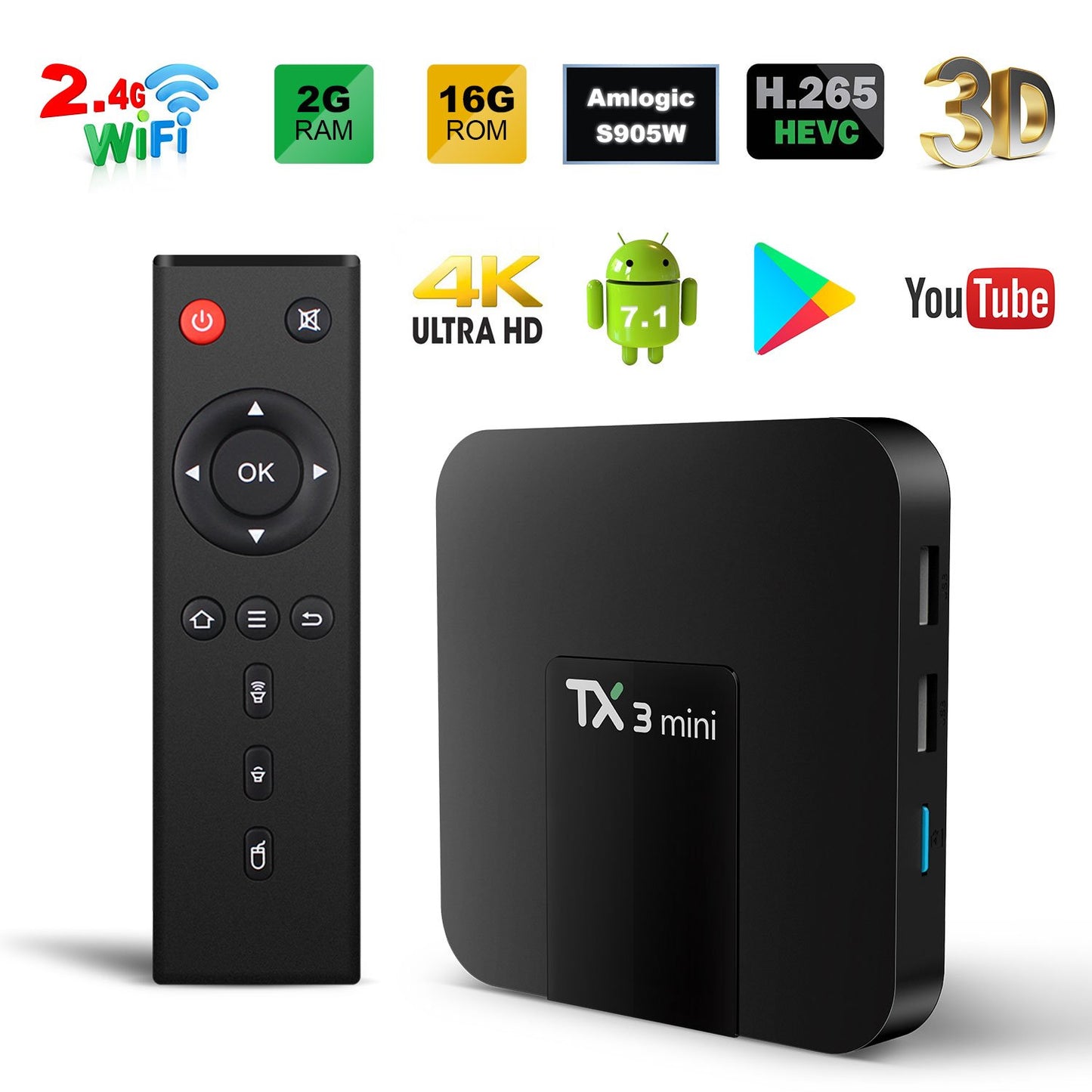 TX3 Mini Android 7.1 TV BOX 2G/16G TV-Center Amlogic S905W 4K H.265 WiFi Smart TV BOX.
