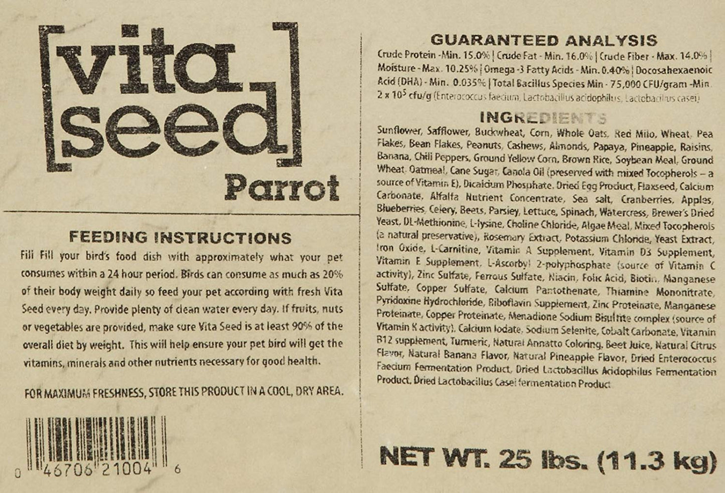 Higgins 466145 Vita Seed Parrot Food For Birds, 25 livres