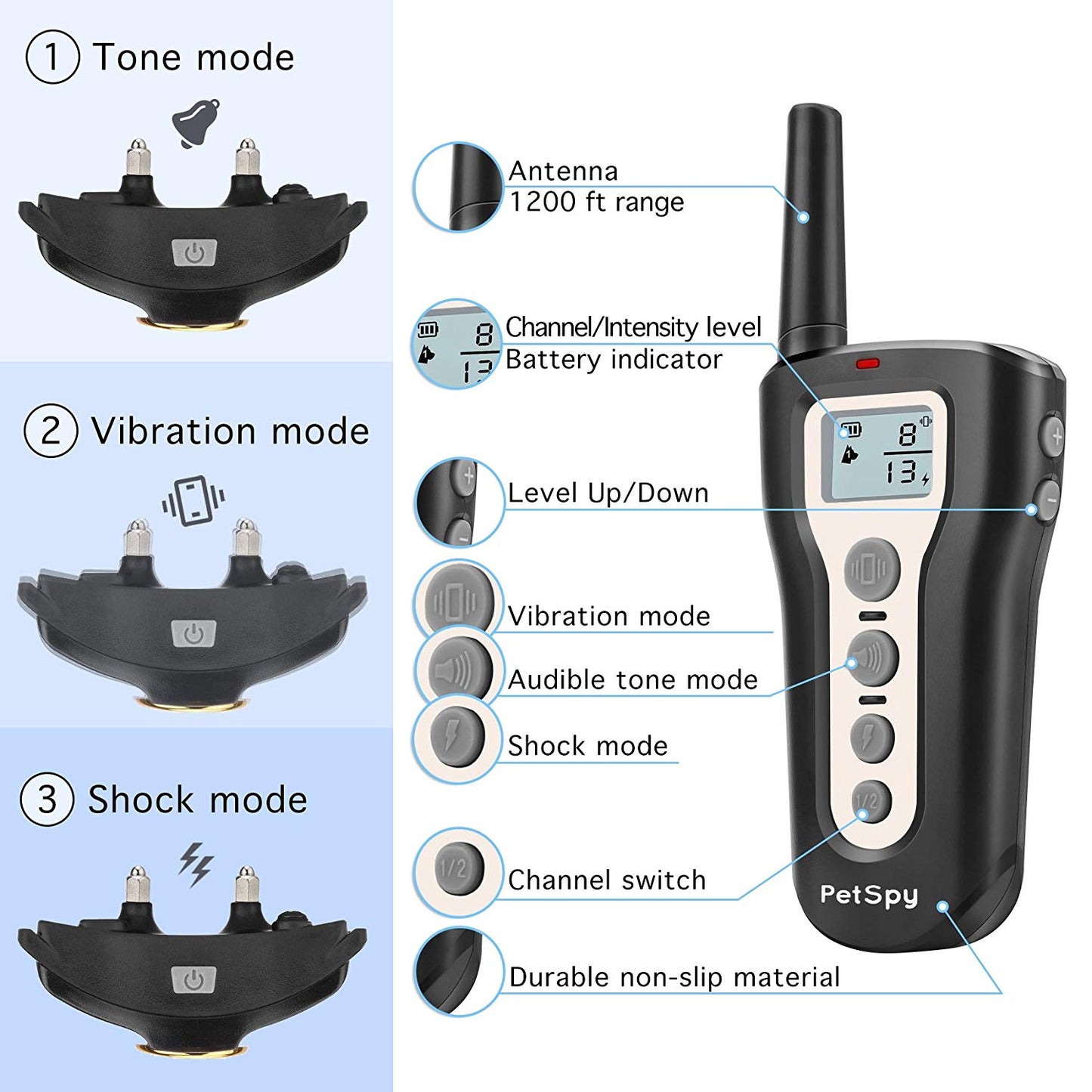 PetSpy P320 Dog Shock Collar for 1200ft Remote Training with Vibration and Beep Rechargeable and Waterproof E-Collar Trainer
