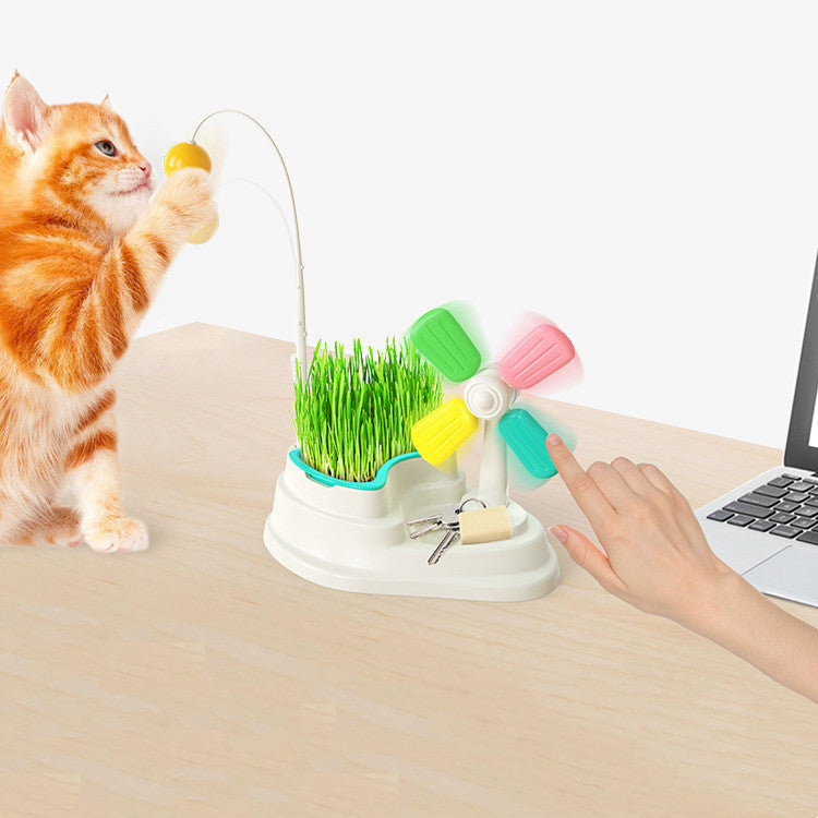 Cat Windmill Interactive Toy with Grass Box-2