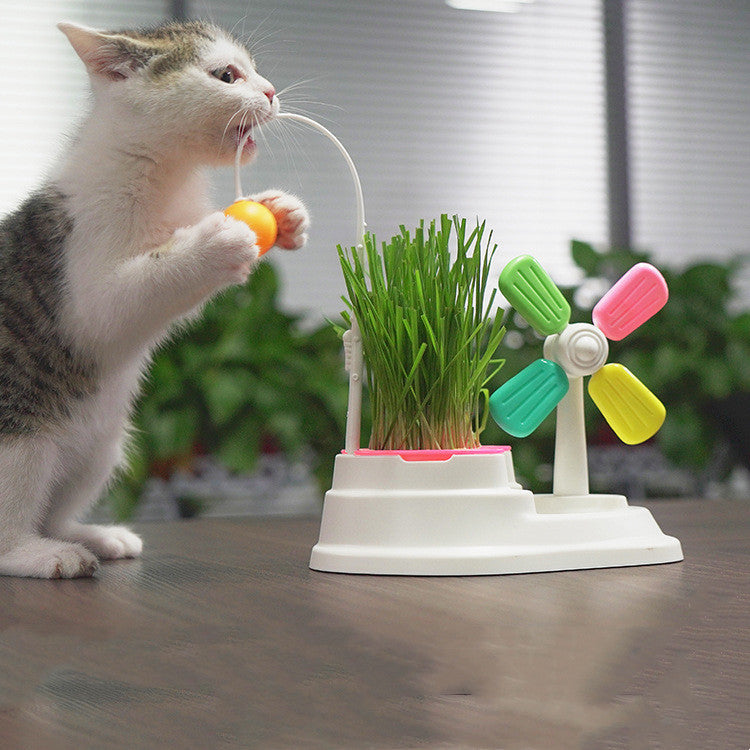Cat Windmill Interactive Toy with Grass Box-0
