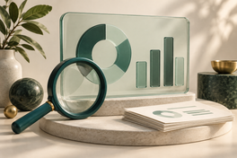 Magnifying glass, charts and reports illustrating data analysis and measurement.