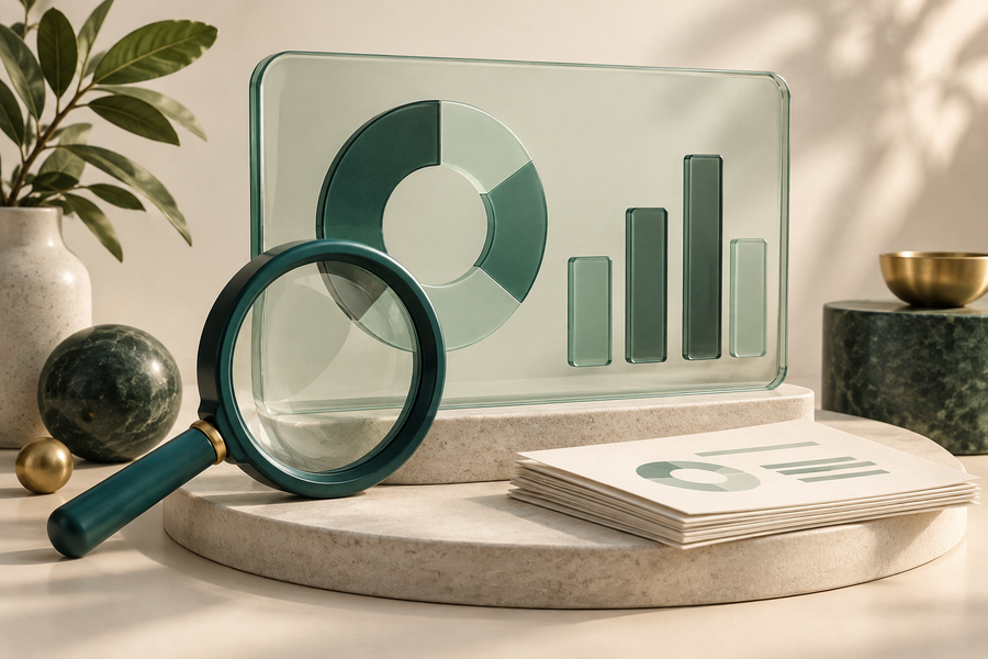 Magnifying glass, charts and reports illustrating data analysis and measurement.