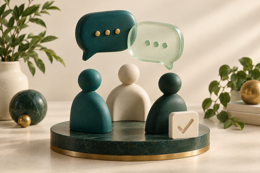 Team and speech bubbles illustrating collaboration and employee support.