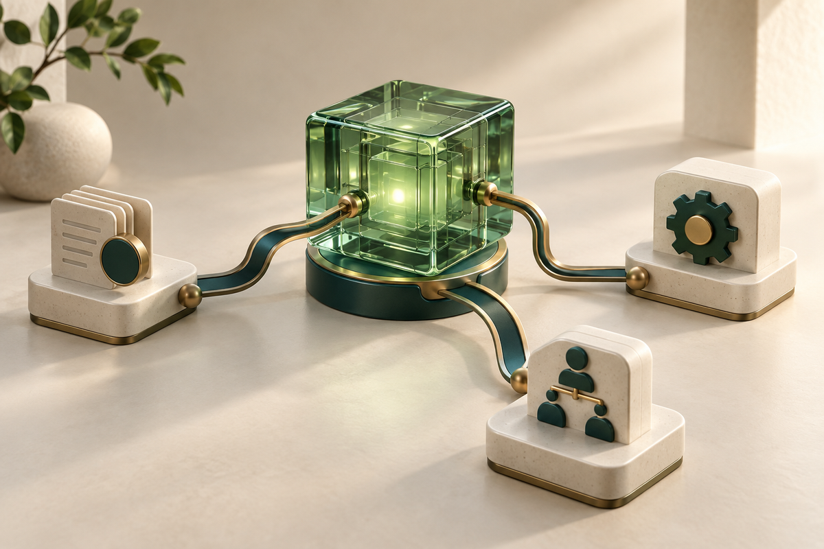 Connected modules illustrating artificial intelligence and task automation.