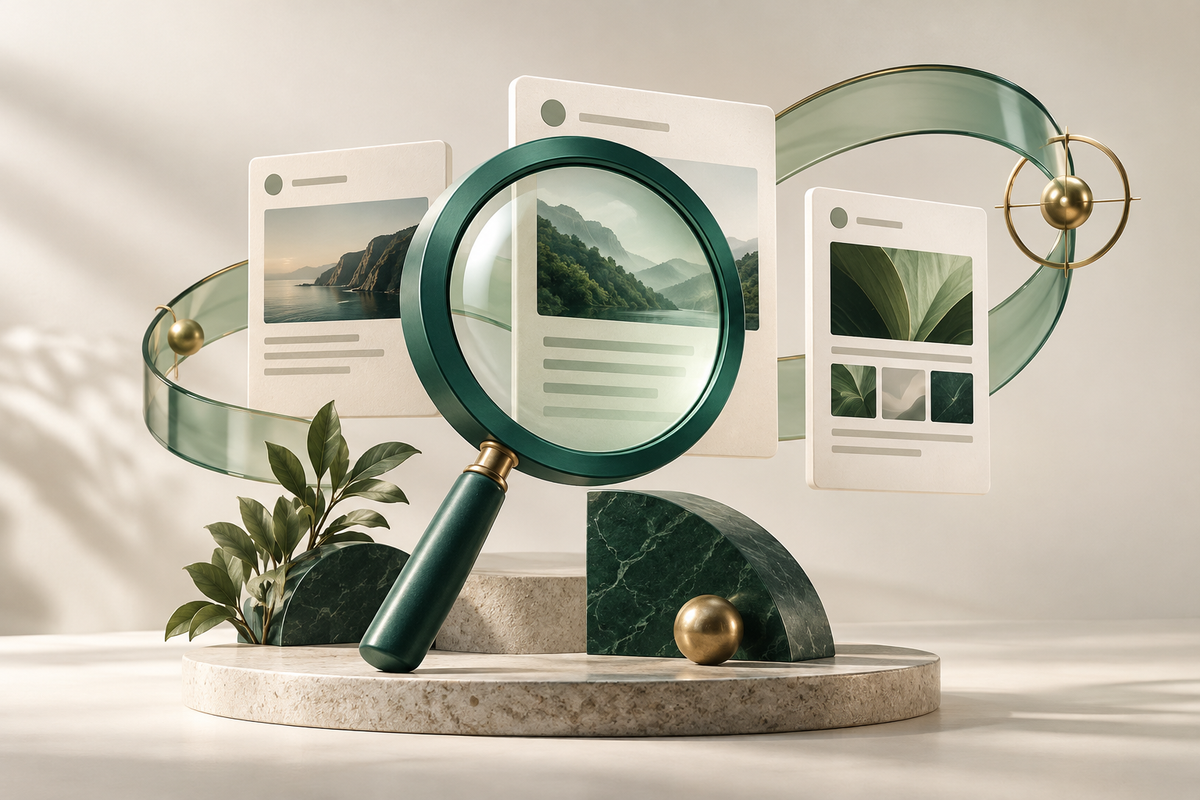 Magnifying glass and digital content illustrating search visibility and marketing campaigns.