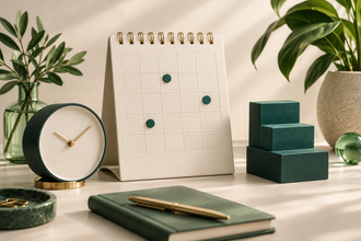 Calendar, clock and steps illustrating project planning and work hours.