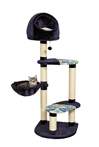 MidWest Homes for Pets Cat Tree | "Resort" Cat Tree / Cat Furniture, 4-Tier Cat Tree w/ Sisal Wrapped Cat Scratching Support Posts, Hanging Cat Bunker Bed & High Canopy Cat Perch, Blue / White Pattern, Large Cat Tree