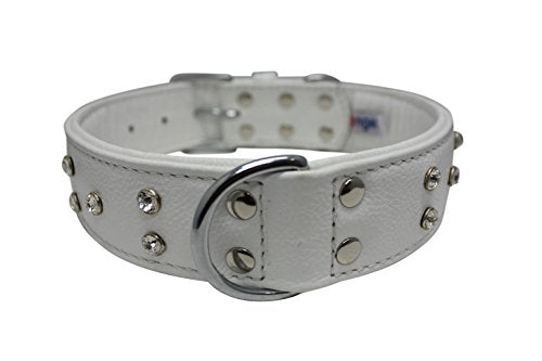 Collier de chien en cuir bling bling, large, rembourré, double pli et riveté, 26 "x 1,5", blanc. Acier inoxydable (Athènes). Taille du cou: 20 "-24"