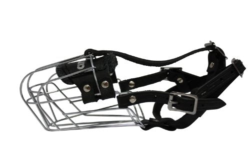 Wire Cage & Leather Muzzle (Miami). Size J1, Black. 8.25" Circumference, 3.5" Length. See Measuring Chart/Tips