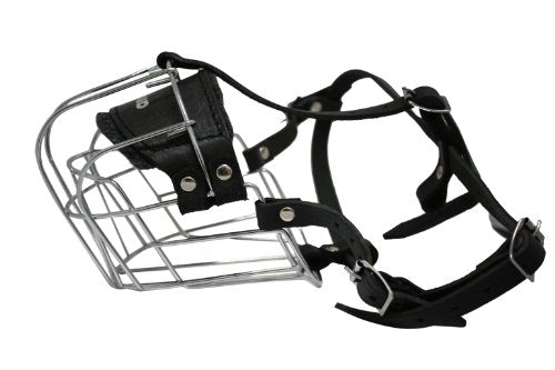 Wire Cage & Leather Muzzle (Miami). Size R3, Black. 15.5" Circumference, 4" Length. See Measuring Chart/Tips