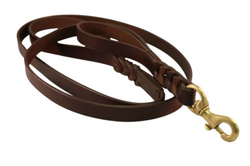 Leather Braided Leash Double Handle, 6' x 1", Brown, 100% Genuine Oiled Leather. Extra Handle Allows for Traffic Control