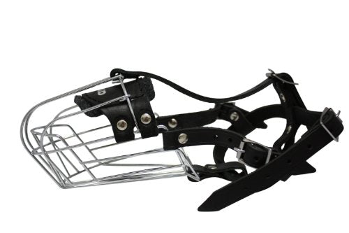 Wire Cage & Leather Muzzle (Miami). Size 5, Black. 11" Circumference, 4.25" Length. See Measuring Chart/Tips