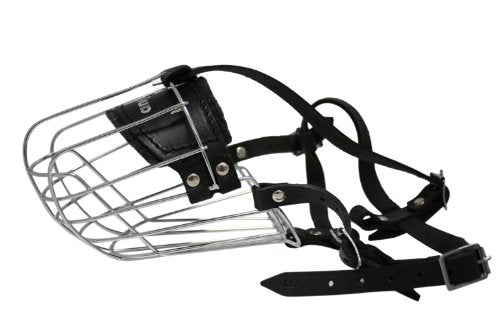 Wire Cage & Leather Muzzle (Miami). Size 9, Black. 13.75" Circumference, 5" Length. See Measuring Chart/Tips
