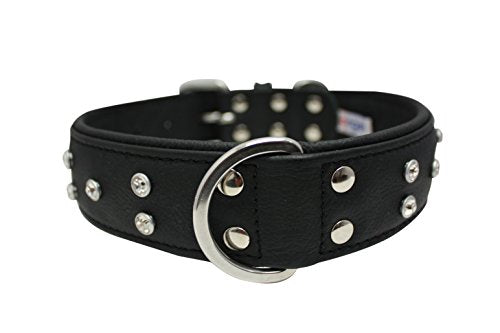 Collier de chien en cuir bling bling, large, rembourré, double pli et riveté, 24 "x 1,5", noir. Acier inoxydable (Athènes) Taille du cou: 17,5 "-22"