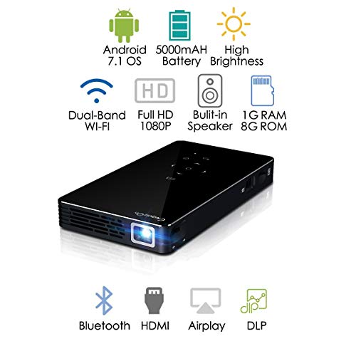 Exquizon DLP Projecteur intelligent Android 7.0 1G RAM + 8G ROM MINI Portable Projecteur, support WiFi USB HDMI Bluetooth TF, For Home Theatre Business Meeting Traveling (P8i)