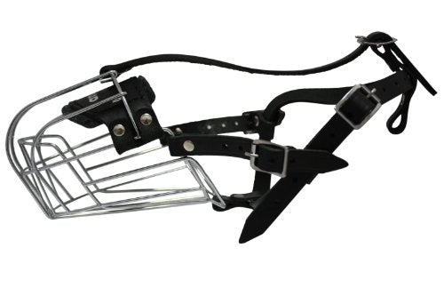 Wire Cage & Leather Muzzle (Miami). Size 7, Black. 13" Circumference, 4.25" Length. See Measuring Chart/Tips