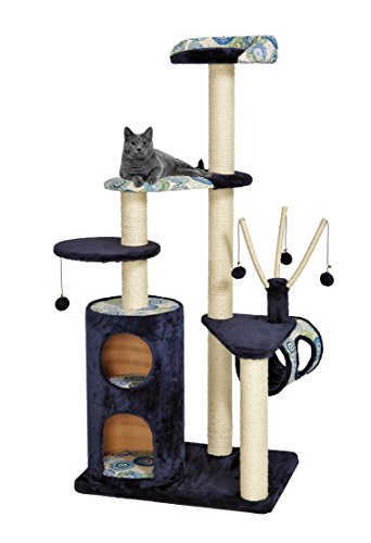 MidWest Homes for Pets Cat Tree | Playhouse Cat Furniture, 5-Tier Cat Tree w/Sisal Wrapped Cat Scratching Posts & Multiple Cat Hide-Outs, Blue/White Pattern, X-Large Cat Tree