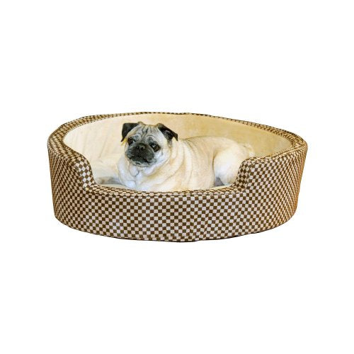 K&H Round Comfy Sleeper Pet Bed (Tan and Brown Squares, 24 inch)