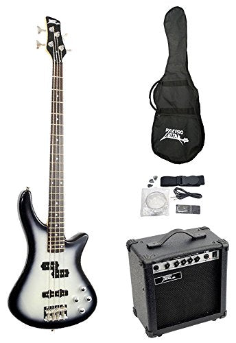 Pyle PGEKT50 34 "Paquet de guitare basse électrique 4 chaînes professionnelles avec amplificateur avec amplificateur