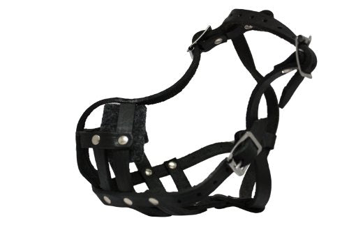 Leather Basket Muzzle (Boston). BM1, Black. 9" Circumference, 2" Length. See Measuring Chart/Tips