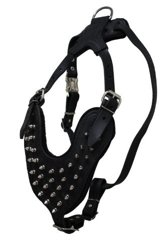 Harnais de chien à pointes en cuir, x grand, noir (royal), 100% en cuir de bride anglais authentique, pour les races de 125 lb +. Coffre: 32-49 pouces, cou: 22-34 pouces
