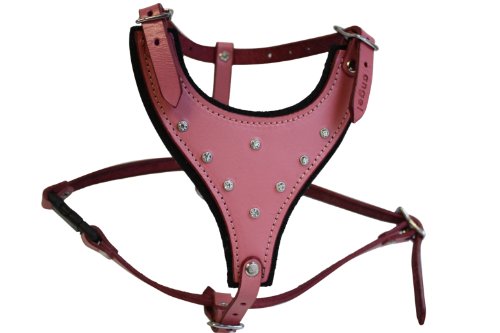 Leather Rhinestones Bling Dog Harness, Small, Pink, 100% Genuine Argentinean Leather (Malibu) for Small Breeds. Neck: 7