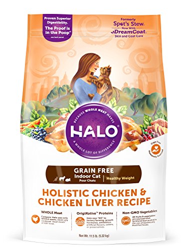 Halo Holistic Healthy Weight Dry Cat Aliments pour chats intérieurs, Poulet sans céréales et foie de poulet, sac de 11,5 lb d'aliments pour chats intérieurs