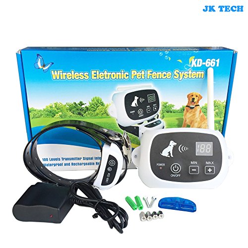 JK TECH Rechargeable Wireless Wifi Dog Fence Containment Sytem No Wire Bury Pet Fence with Waterproof Training Collar for Small Medium Large Dogs (For 1 Dog)