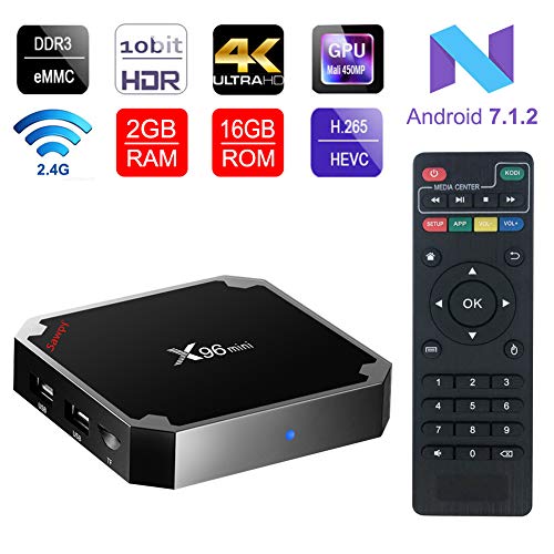 SAWPY X96 Mini Android TV Box Android 7.1 4K Smart TV Box 64bit Quad Core CPU 2GB RAM + 16 Go ROM avec 2,4 GHz WiFi