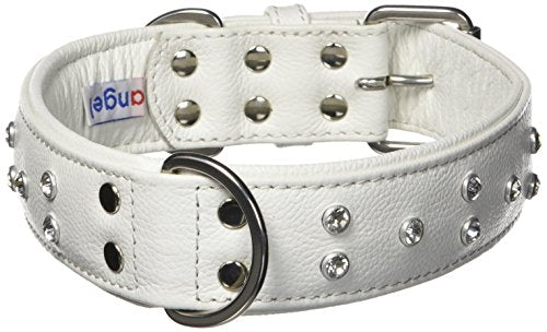 Rhinestones Bling Leather Dog Collar, Wide, Padded, Double-Ply, Riveted Settings, 24