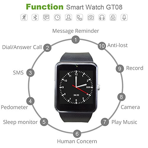 Moolon mart Watch GT08 Plus Clock Sync Notifier Support TF SIM Card Bluetooth Connectivity Android Phone Smartwatchs Alloy Smartwatch