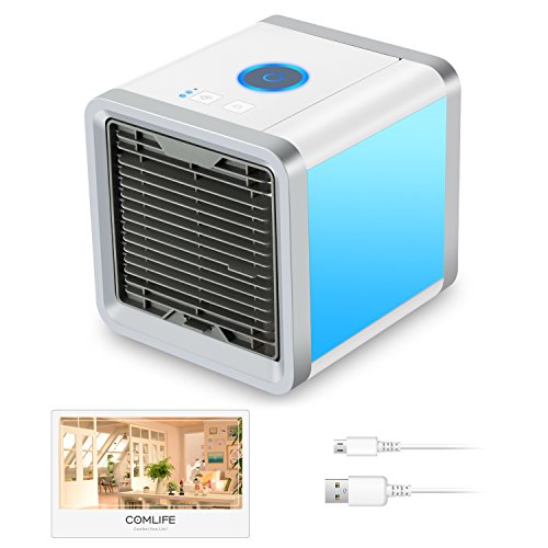 Comlife mini portable portable pour évaporation plus refroidisse 4 en 1 Space Personal Space Filer Humidificateur et purificateur Ventilateur de climatiseur de bureau avec 3 vitesses et 7 couleurs Lumière de nuit LED