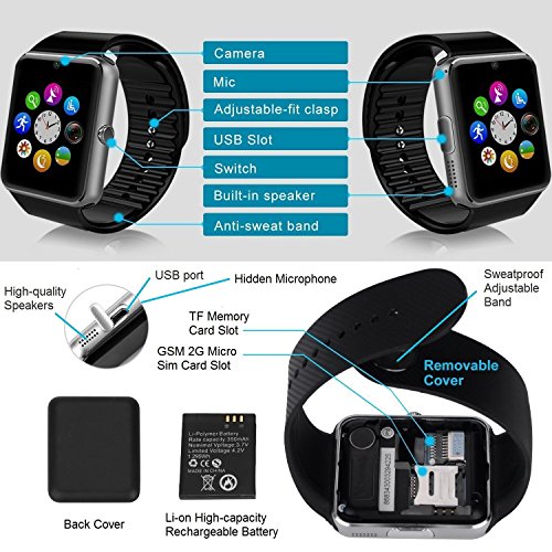 Qiufeng GT08 Smart Watch Smartwatch Bluetooth Bluetooth Sweatproof With Camera TF / SIM Card Slot pour Android et iPhone Smartphones For Kids Girls Boys Men Women (Black)
