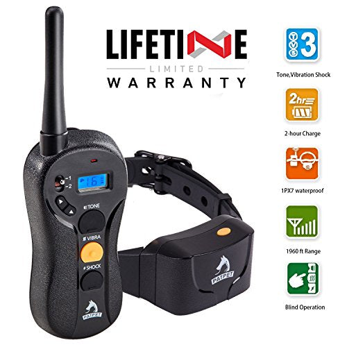 PATPET Dog Training Collar - Rechargeable & Waterproof - 1960ft Blind Operation Remote Controlled Collar with Tone / Vibration / Shock Mode, Easy to train - All Size Dogs (10Lbs - 100Lbs)