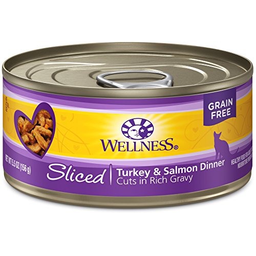 Wellness Natural Canned Grain Free Wet Cat Food, Sliced Turkey & Salmon, 5.5-Ounce Can (Pack of 24)