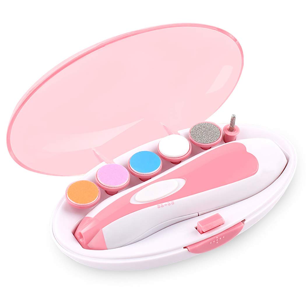 Baby Nail File Electric Trimmer Baby Electric Nail Trimmer Safe Infant Nail Clipper Kit Cutter Polish for Infant Newborns Toddlers Fingernails and Toes Electric Baby Nail Manicure and Pedicure Kit with Front LED light—CS12083--Pink