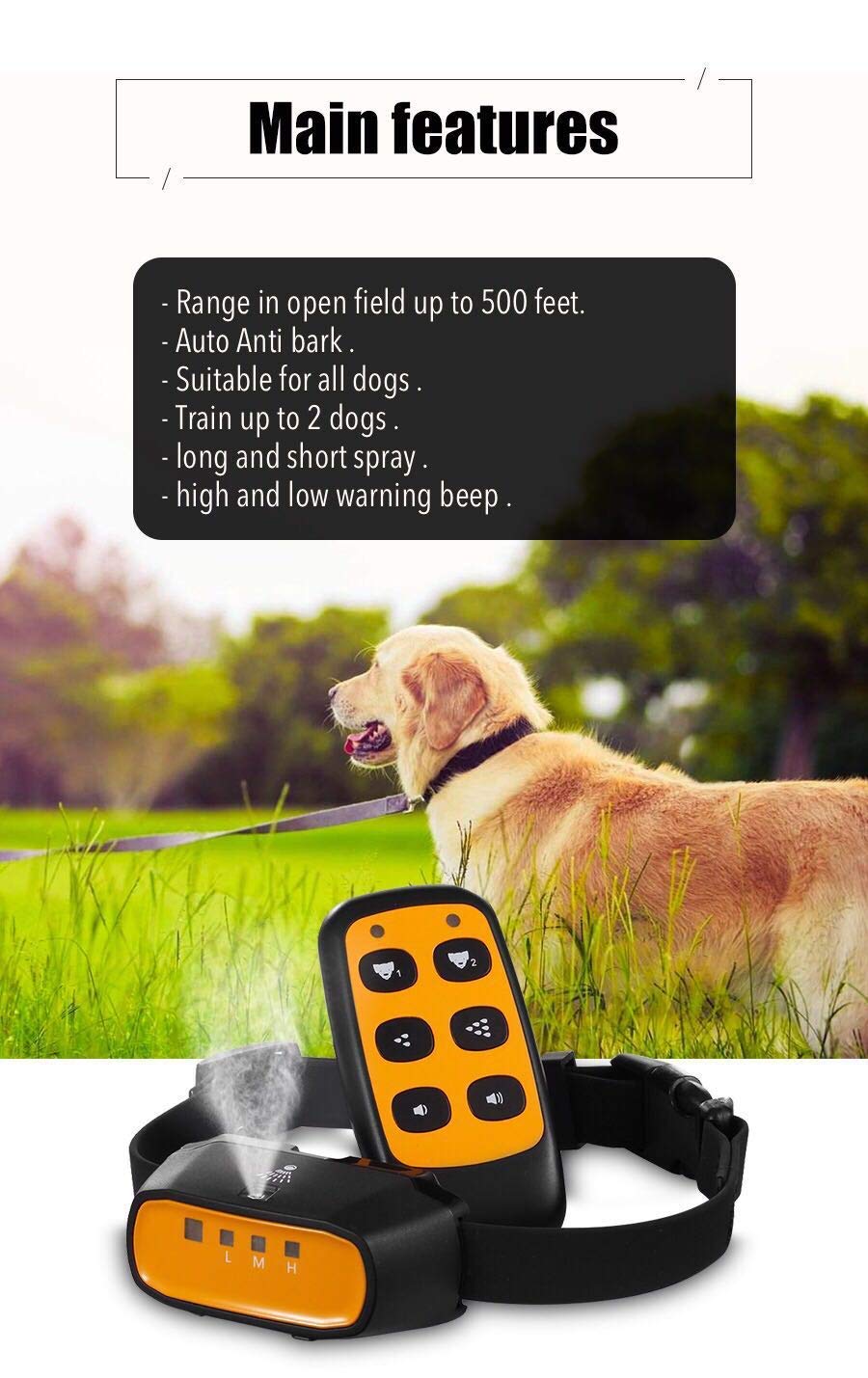 Spray Dog Training Collar,2 Modes Citronella Dog Bark Collar (Not Included Citronella Spray),500 ft Rechargeable No Electric Shock Harmless
