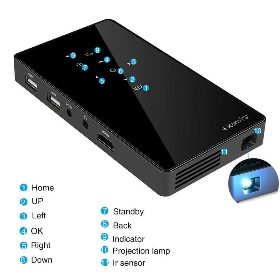 Projecteur HD 1080p Mini DLP Smart Projecteur HDMI Portable Home Projecteur, noir