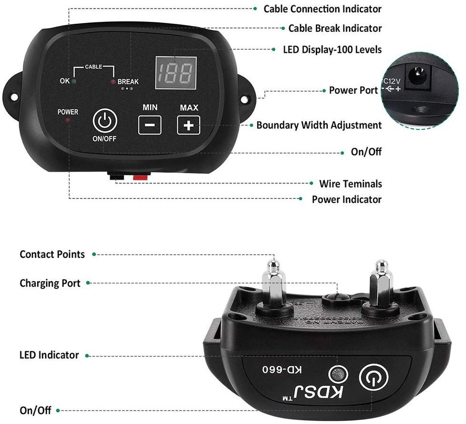 COVONO Electric Dog Fence,Pet Containment System(Aboveground/Underground,650 Ft Wire,IP66 Waterproof and Rechargeable Collar, Shock/Tone Correction,KD660B)
