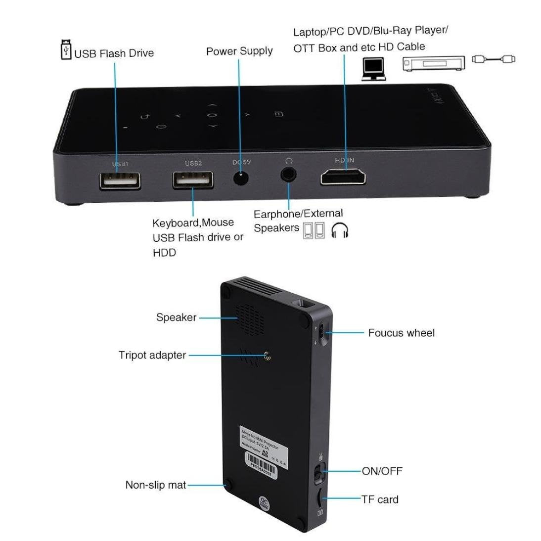 Projecteur HD 1080p Mini DLP Smart Projecteur HDMI Portable Home Projecteur, noir