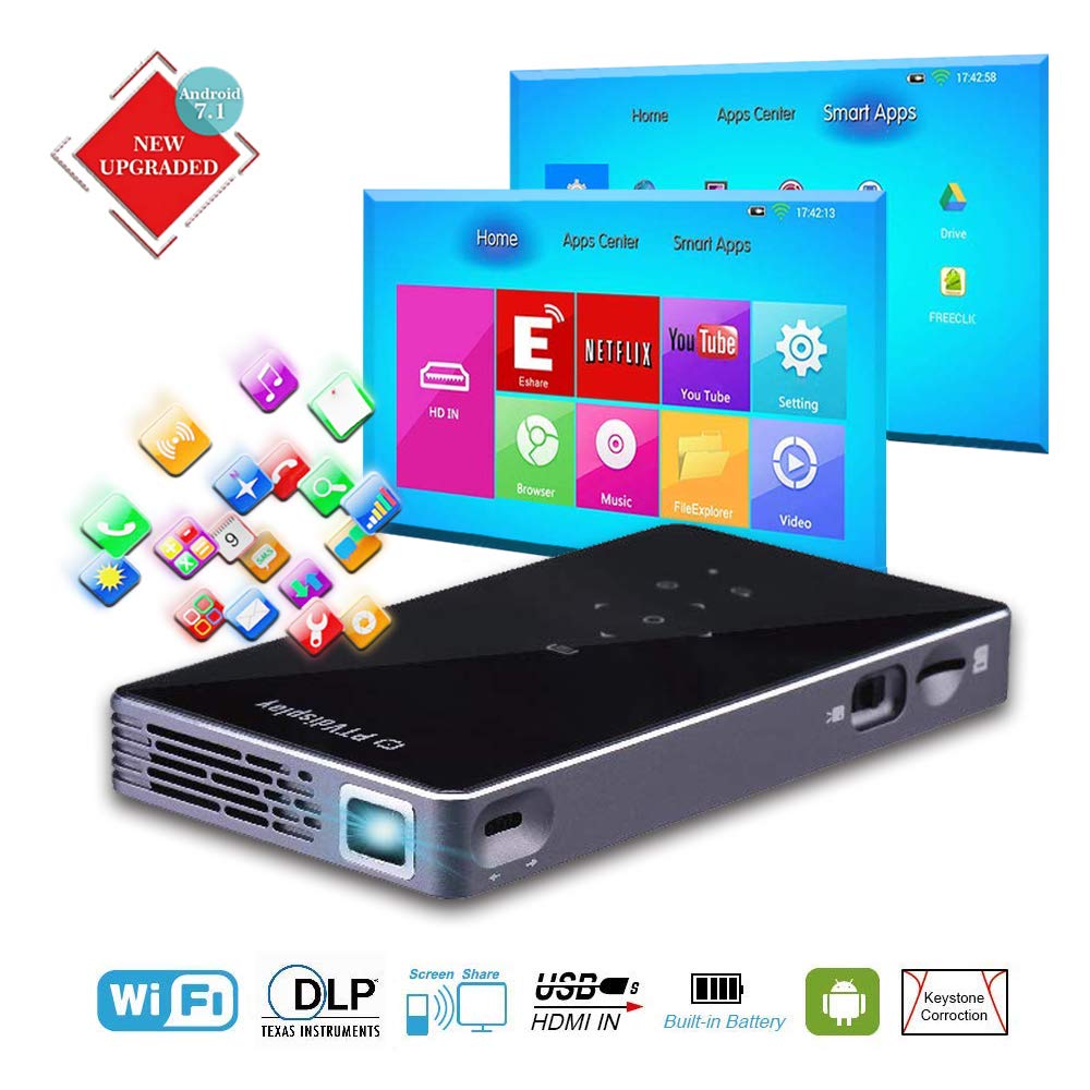 PTVDISPLAY Smart Pocket Mini Projector, 1080P WiFi Home Theater Pico Rechargeable Video DLP Projector Support Bluetooth HDMI USB TF Card Home Cinema, Wireless Display iPhone Android Phone