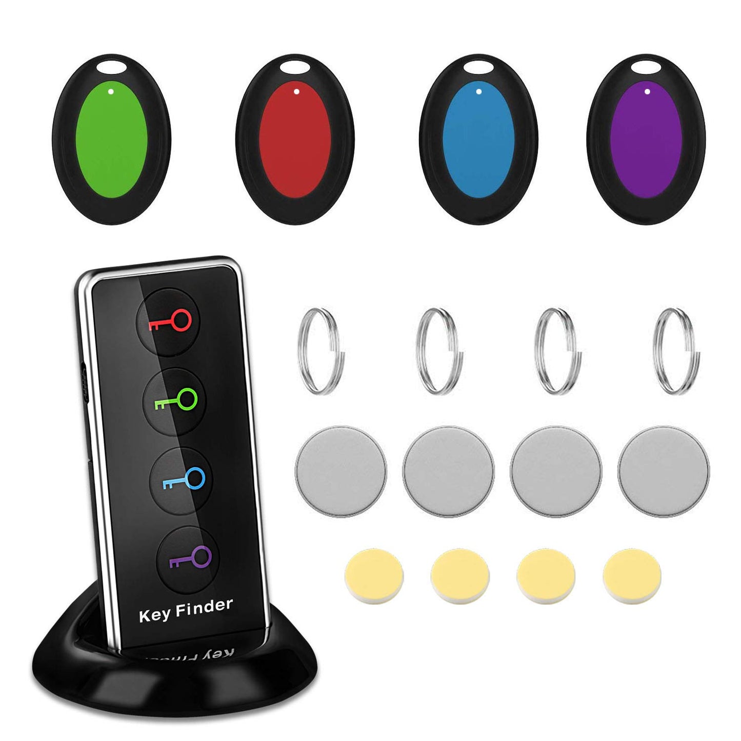 AC Doctor INC Key Finder Wireless Remote Control, Phone Wallet Luggage Car Key Keychain Pet Locator with 1 RF Transmitter and 4 Receivers Base Support & LED Flashlight