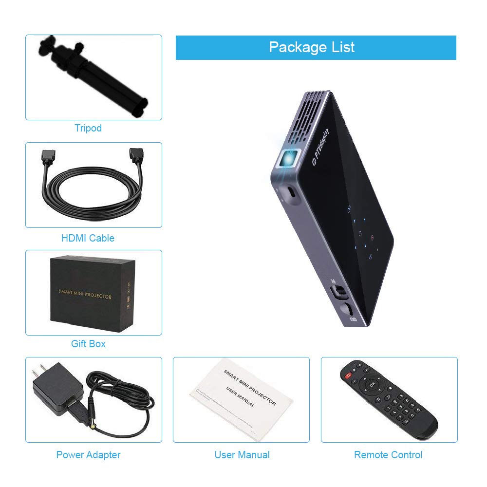 PTVDISPLAY Smart Pocket Mini Projector, 1080P WiFi Home Theater Pico Rechargeable Video DLP Projector Support Bluetooth HDMI USB TF Card Home Cinema, Wireless Display iPhone Android Phone
