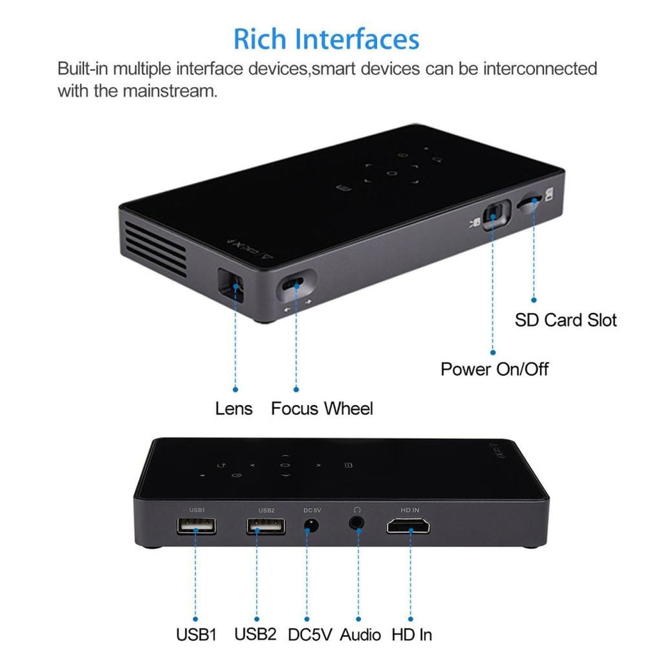 Projecteur HD 1080p Mini DLP Smart Projecteur HDMI Portable Home Projecteur, noir