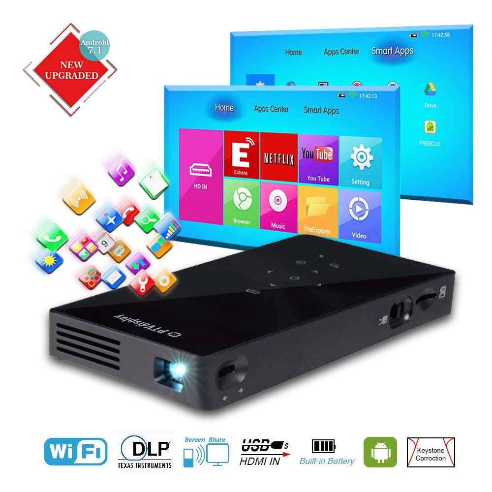 PTVDISPLAY Smart Pocket Mini Projector, 1080P WiFi Home Theater Pico Rechargeable Video DLP Projector Support Bluetooth HDMI USB TF Card Home Cinema, Wireless Display iPhone Android Phone