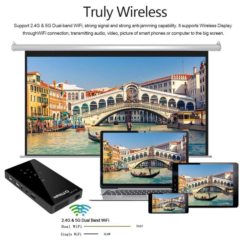 PTVDISPLAY Smart Pocket Mini Projector, 1080P WiFi Home Theater Pico Rechargeable Video DLP Projector Support Bluetooth HDMI USB TF Card Home Cinema, Wireless Display iPhone Android Phone
