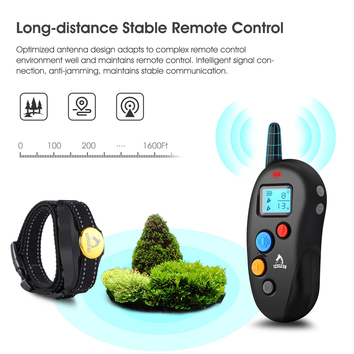 Patpet Dog Training Collar IPX7 Waterproof, Fast rechargeable Shock Collar for Dogs with 1600FT Long Remote Range, 3 Modes Beep/Vibration/Shock e-Collar for Small Medium Large Dog(AC Adapter Included)