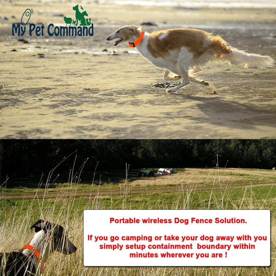 My Pet Command Wireless Electric Fence Safe Dog Containment System GPS Boundary Easy Setup Outdoor use Waterproof and Rechargeable Collars Bonus Training Whistle