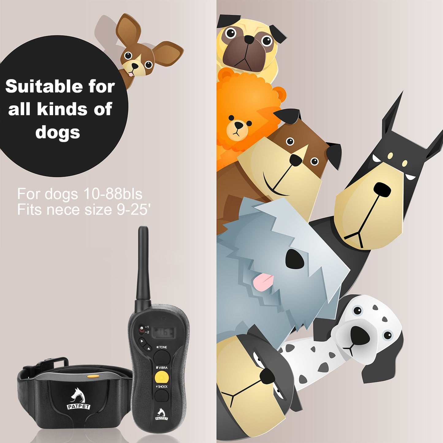 Collier de dressage pour chien, PATPET étanche - IPX7 et collier de choc à distance rechargeable pour chiens avec guide de dressage, vibration/choc/bip pour chien de toutes tailles, fonctionnement à l'aveugle, portée jusqu'à 656 m (p-collar620)